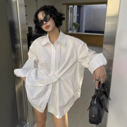 Irregularly Tied Waist Loose Casual Shirt