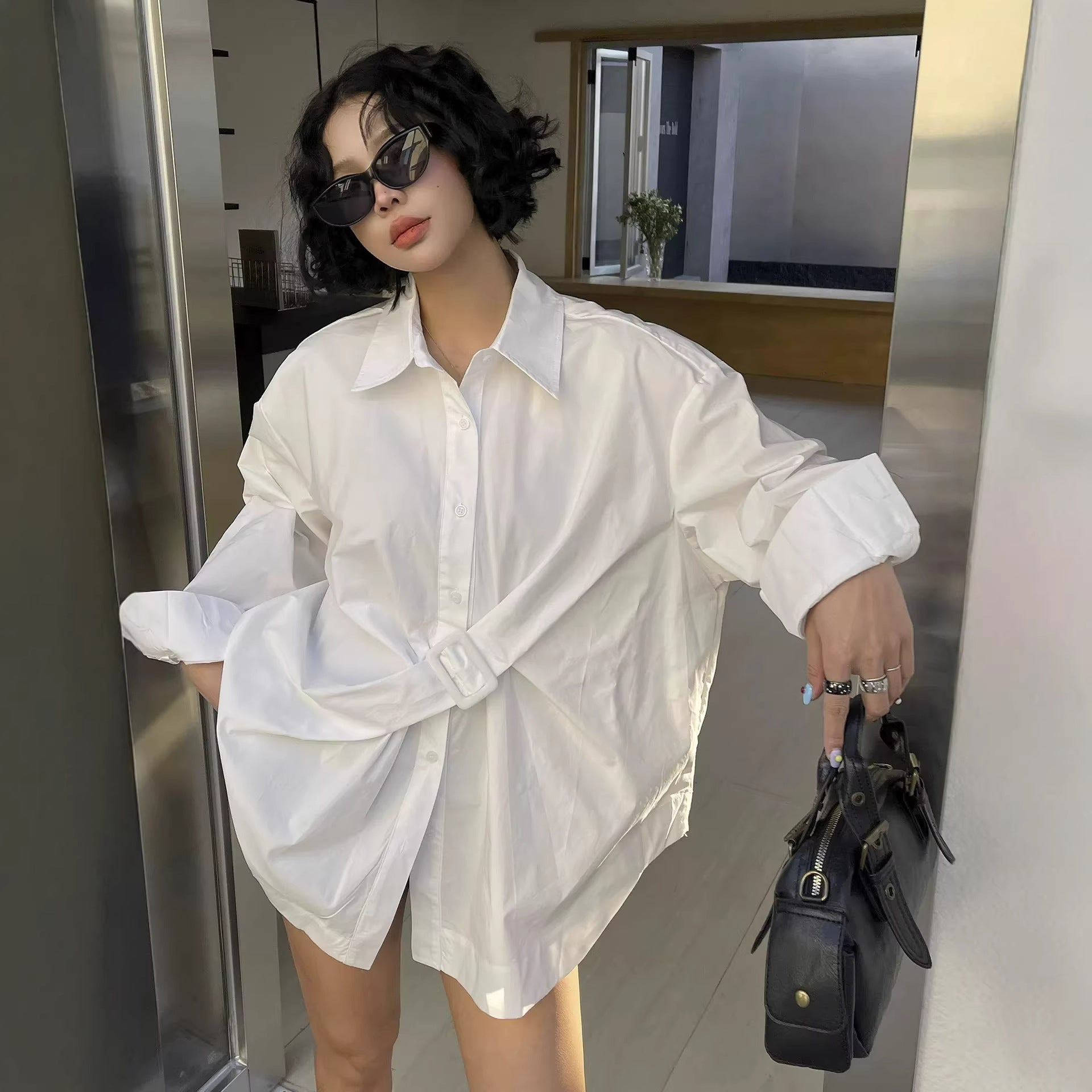 Irregularly Tied Waist Loose Casual Shirt