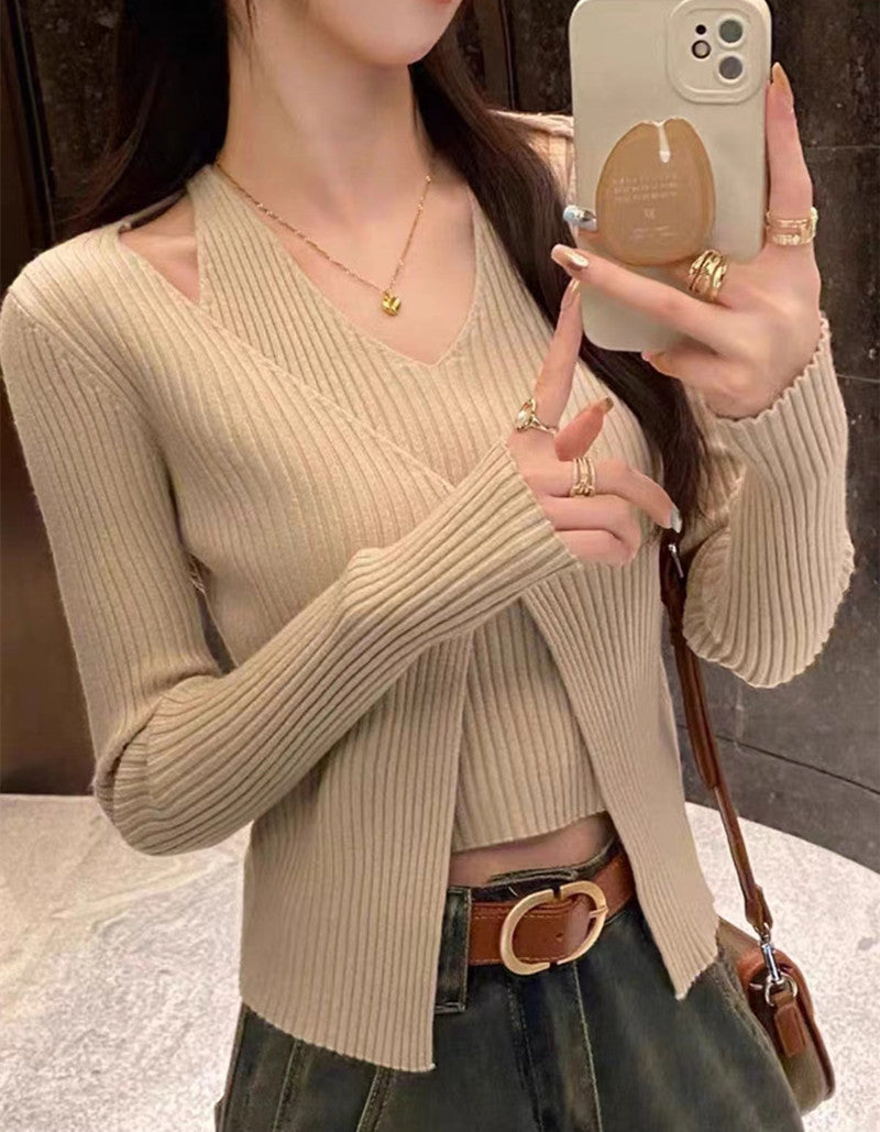 Women's Fake Two-piece Sunken Stripe Long-sleeved Sweater