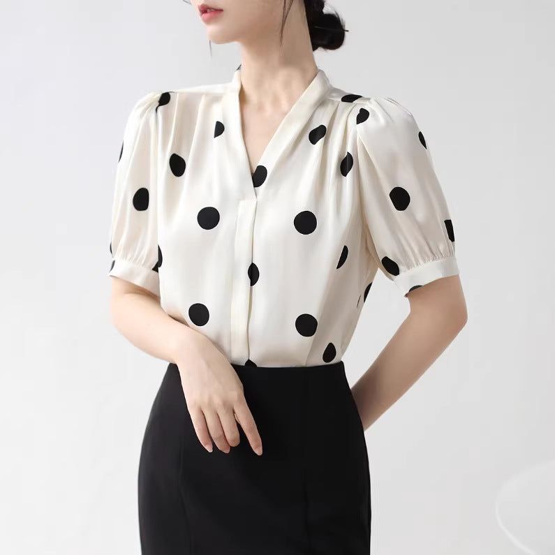 French-style Retro Polka-Dot V-Neck Short-Sleeve Womens Shirt