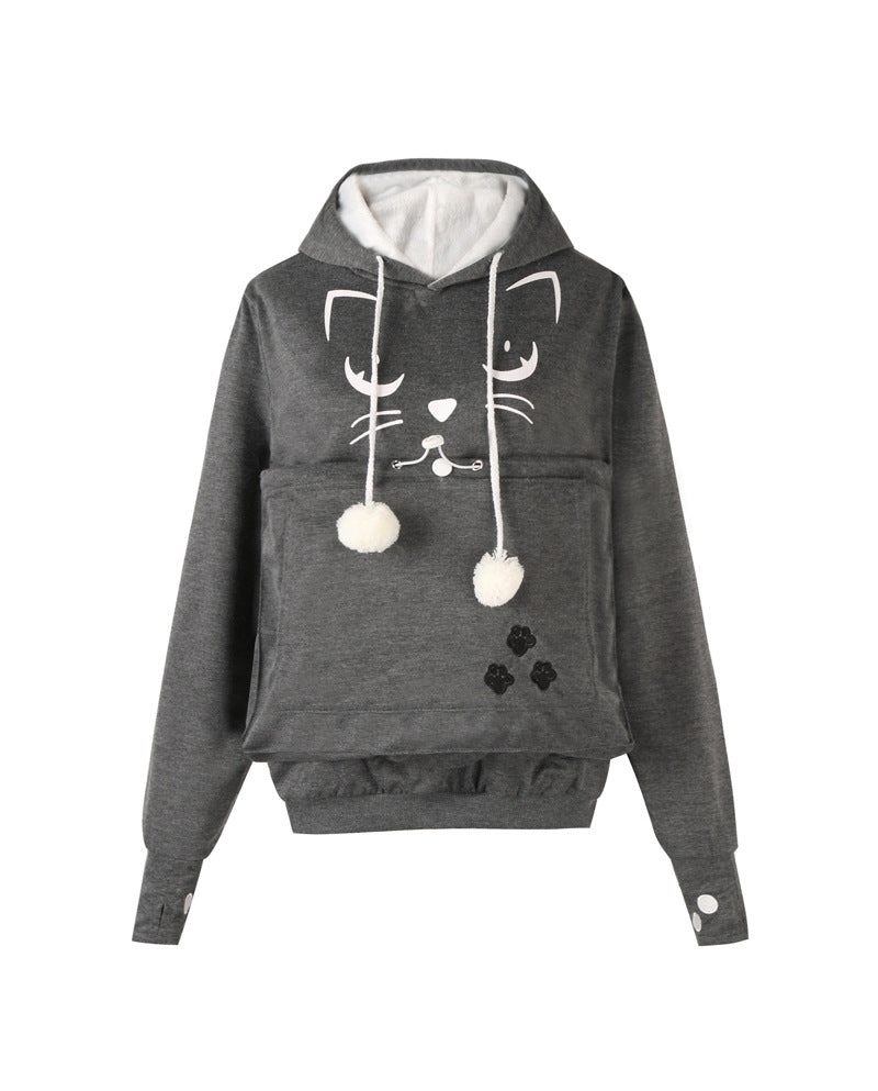 Cute Cat Print Long Sleeve Casual Hooded Sweatshirt