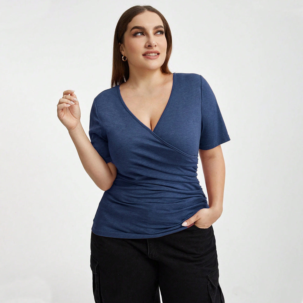 V-Neck Spliced Wide Slim Top – Royal Blue, Short Sleeve