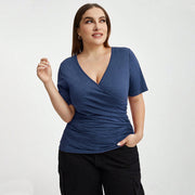 V-Neck Spliced Wide Slim Top – Royal Blue, Short Sleeve
