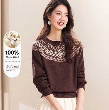 Womens Retro Fair Isle Knit Sweater with Buttons and a Crew Neck