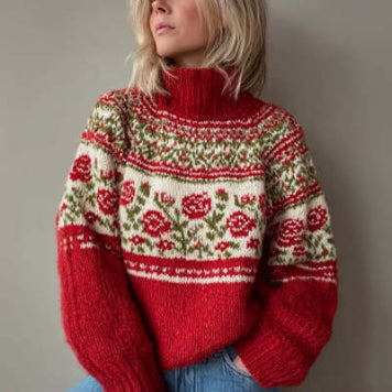 Womens High-neck Pullover Chunky-knit Jacquard Sweater