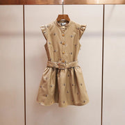 French Chic Bee-embroidered Ruffle-sleeve Dress for Women