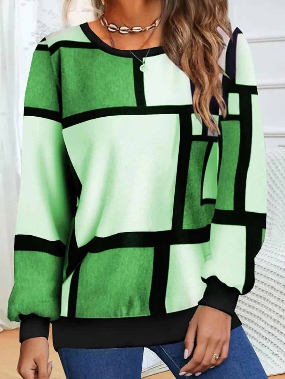 Geometric 3D Print Loose Long Sleeve Sweater