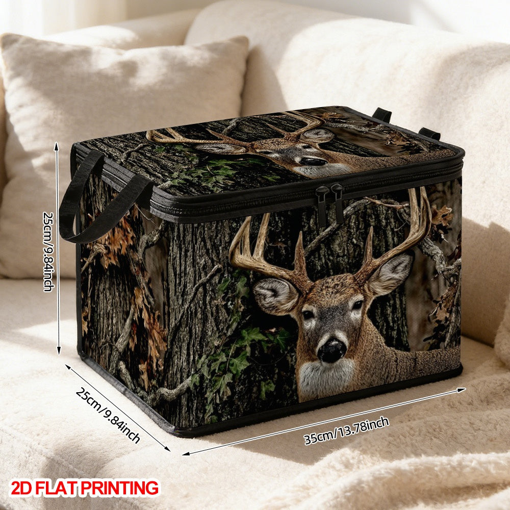 Autumn Deer and Tree Lidded Storage Bin with Zipper Closure – Large Capacity Flat Design