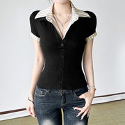 Slim-Fit Black Color-Block Short Sleeve Top – Elegant & Comfy