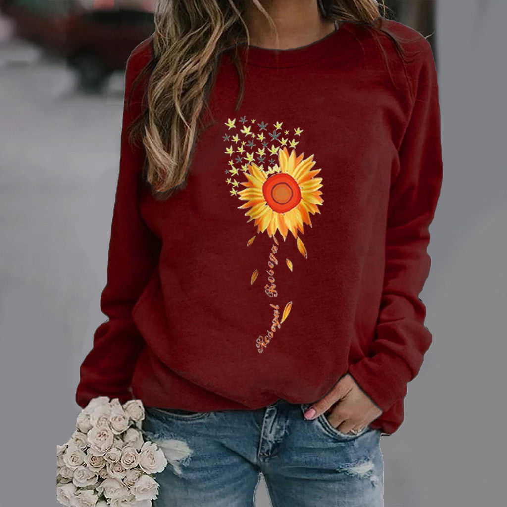 Women's Sunflower Print Long Sleeve Crew Neck Sweater
