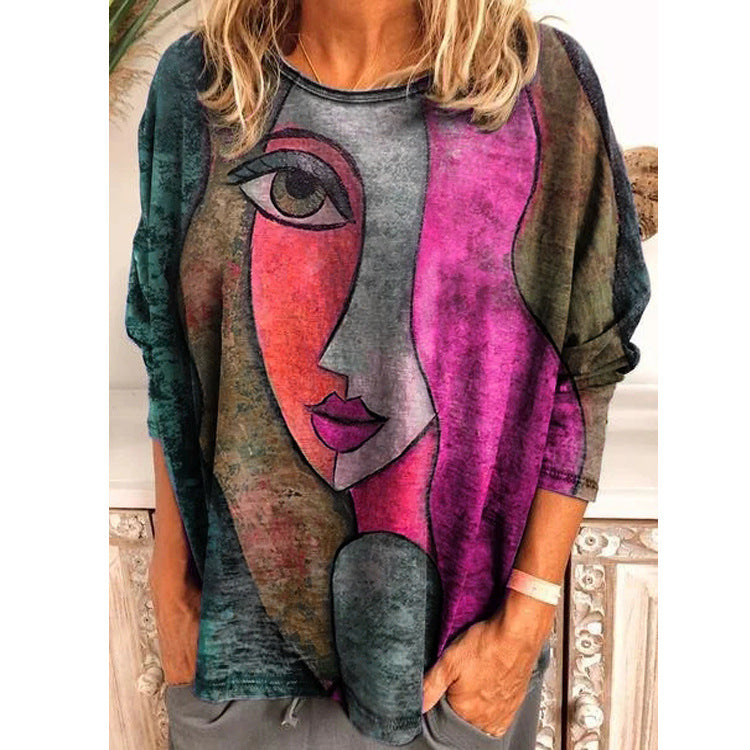Artistic Face Print Long Sleeve Tee for Autumn
