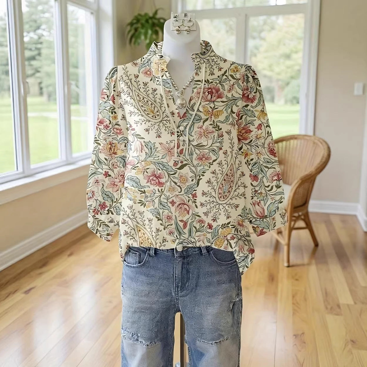 Printed Loose-Fit Fashionable Short-Sleeve Womens Top