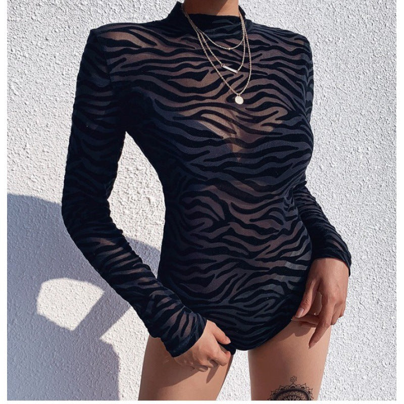 Sexy Black Slim Fit Long-Sleeved T-Shirt With Mesh Thin Base