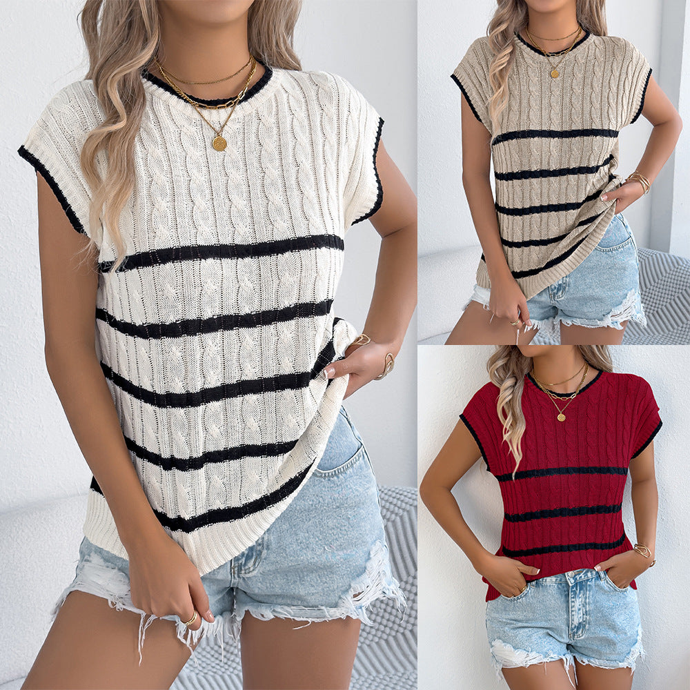 Womens Striped Cable-knit Casual Loose Knit Top for Vacation