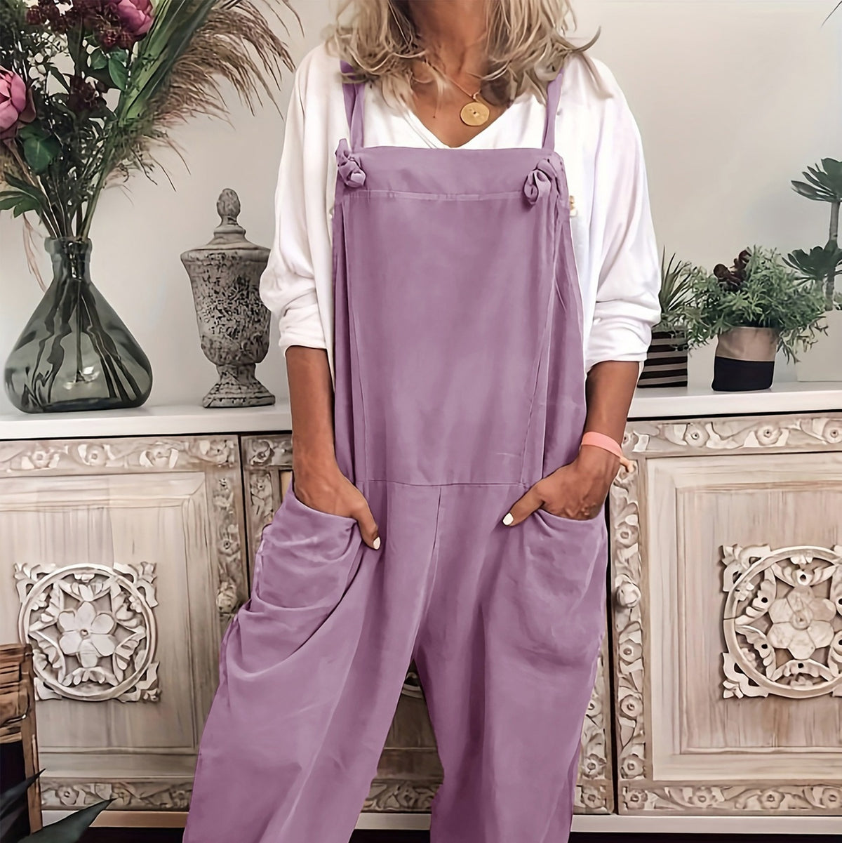 Plus Size Casual Pocket Lace-Up Jumpsuit