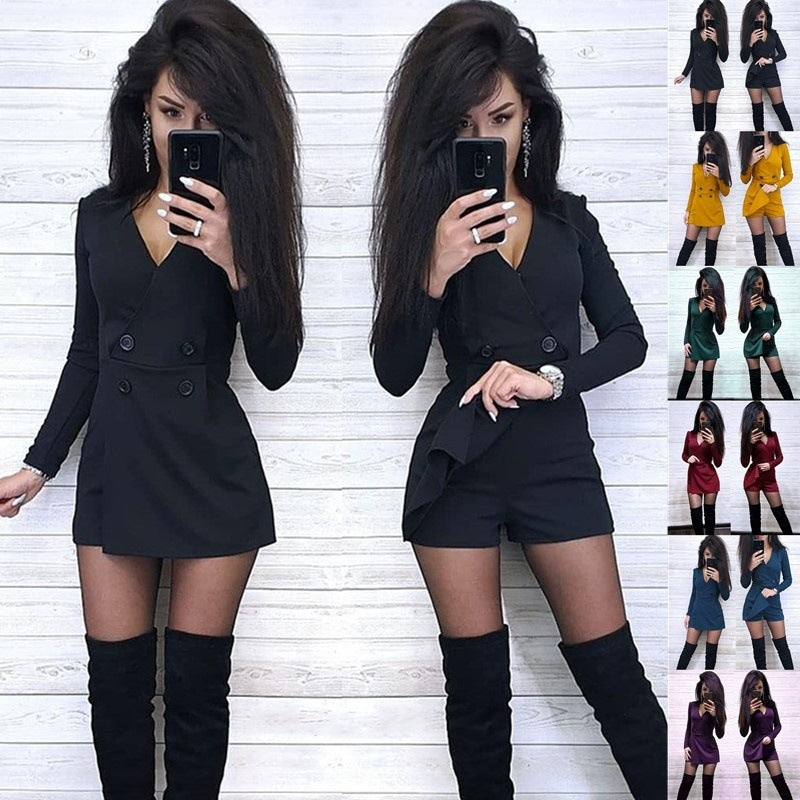 New Solid Color Slim Fake Two-piece V-neck Jumpsuit