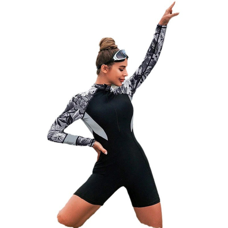 Women's Printed Long-sleeved Zipper One-piece Swimsuit