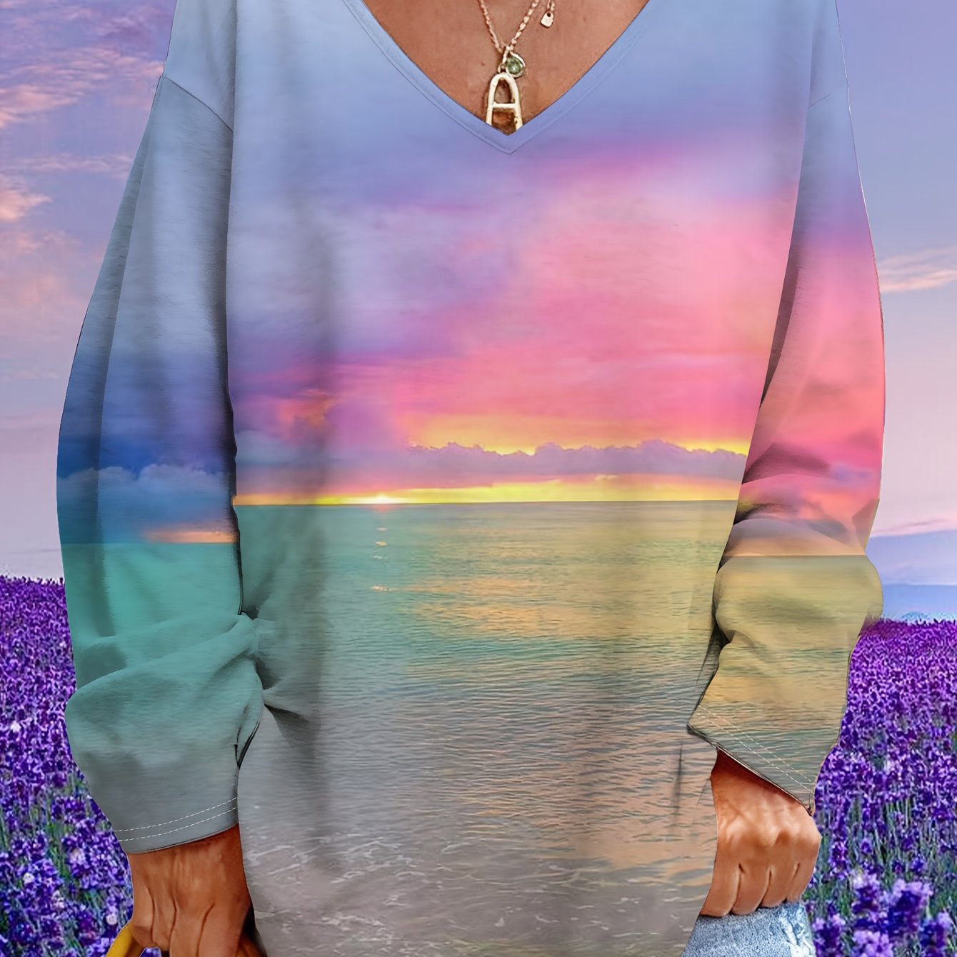 Women's Plus Size Gradient Blue and Pink Seaside V-Neck Sweatshirt