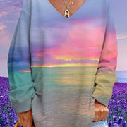 Women's Plus Size Gradient Blue and Pink Seaside V-Neck Sweatshirt