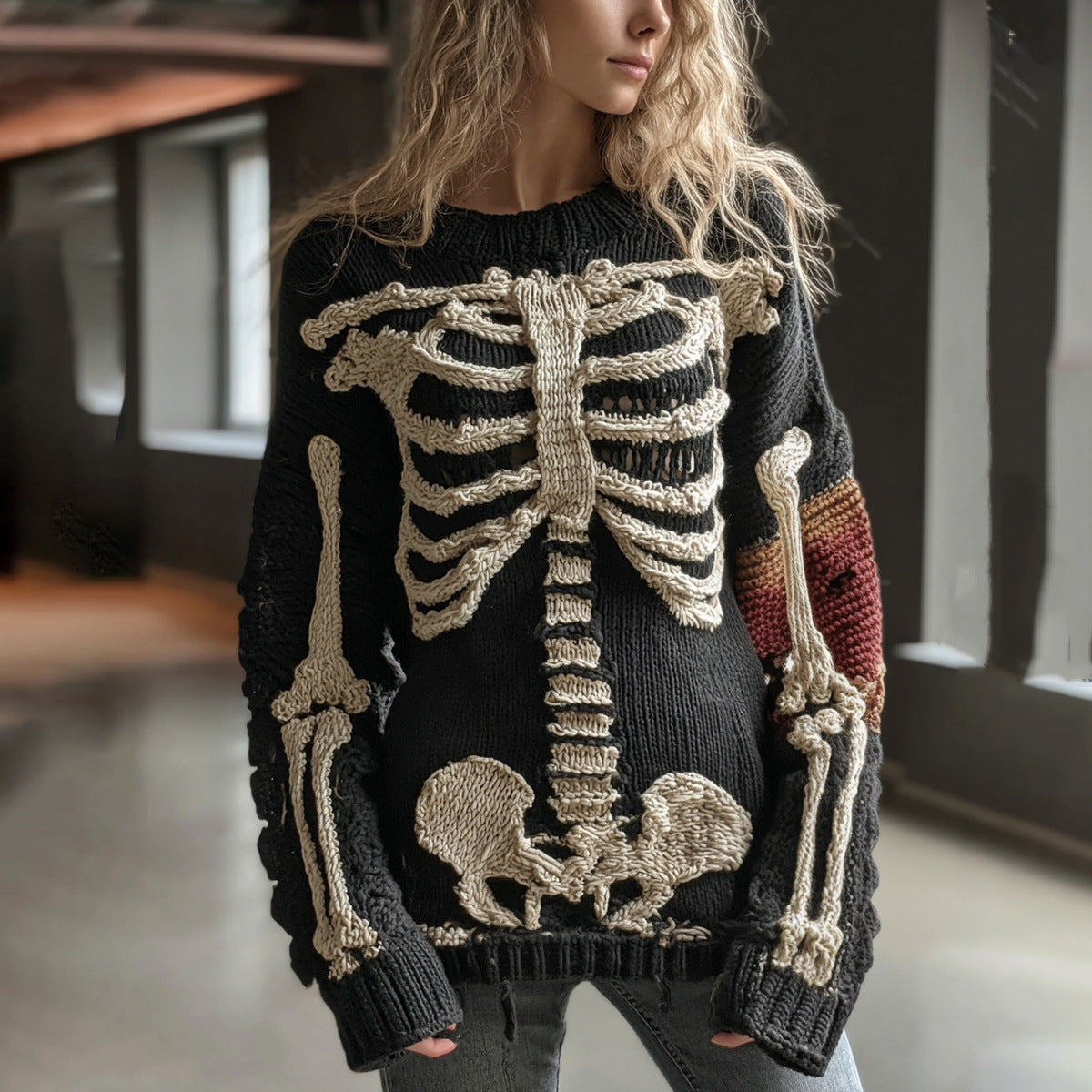 Womens 3d Digital-print Crew-neck Loose Sweater