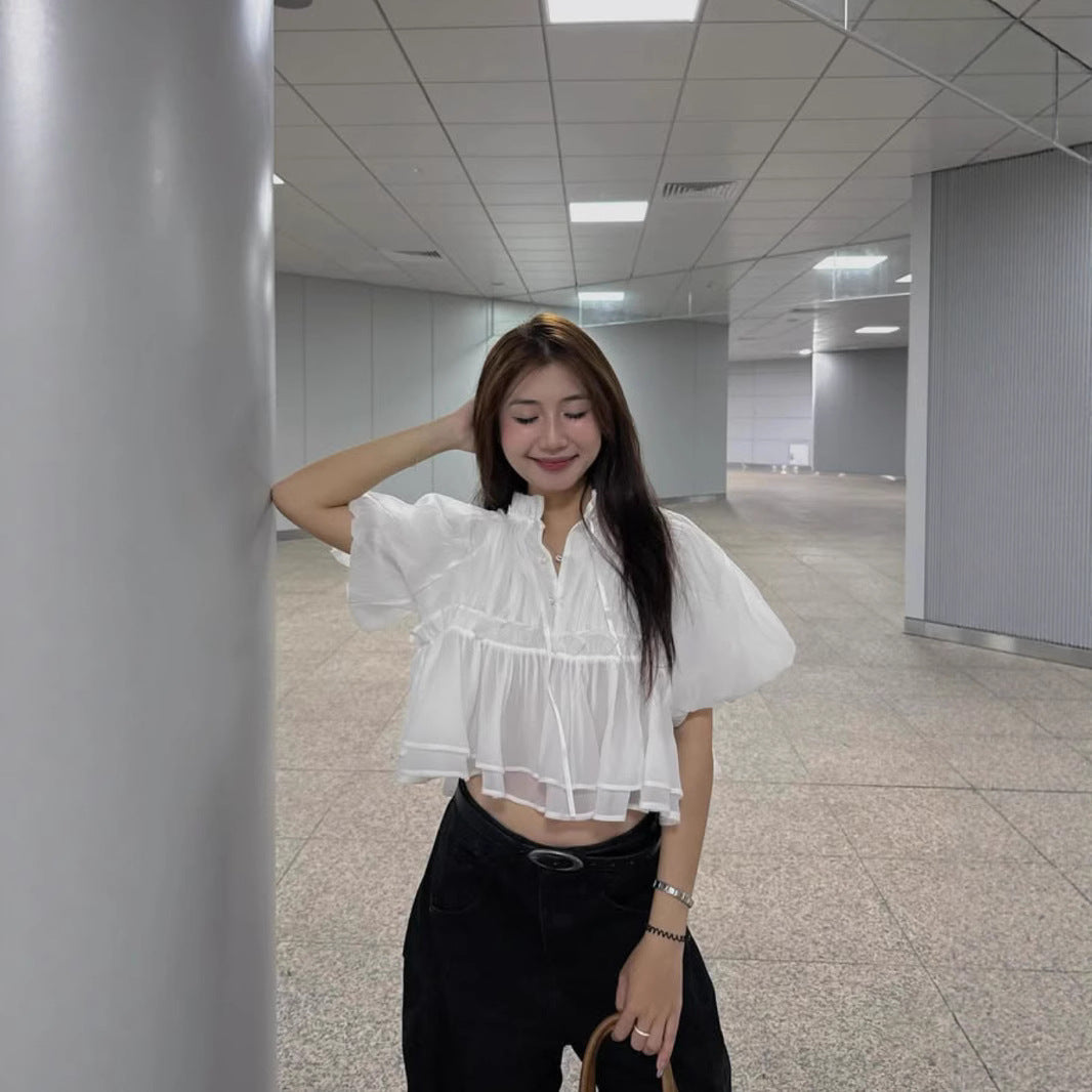 Stand-up Collar Puff Sleeves Fitted Waist Single-breasted Short Sleeves