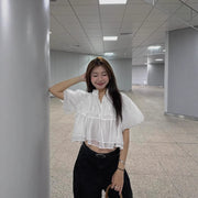 Stand-up Collar Puff Sleeves Fitted Waist Single-breasted Short Sleeves