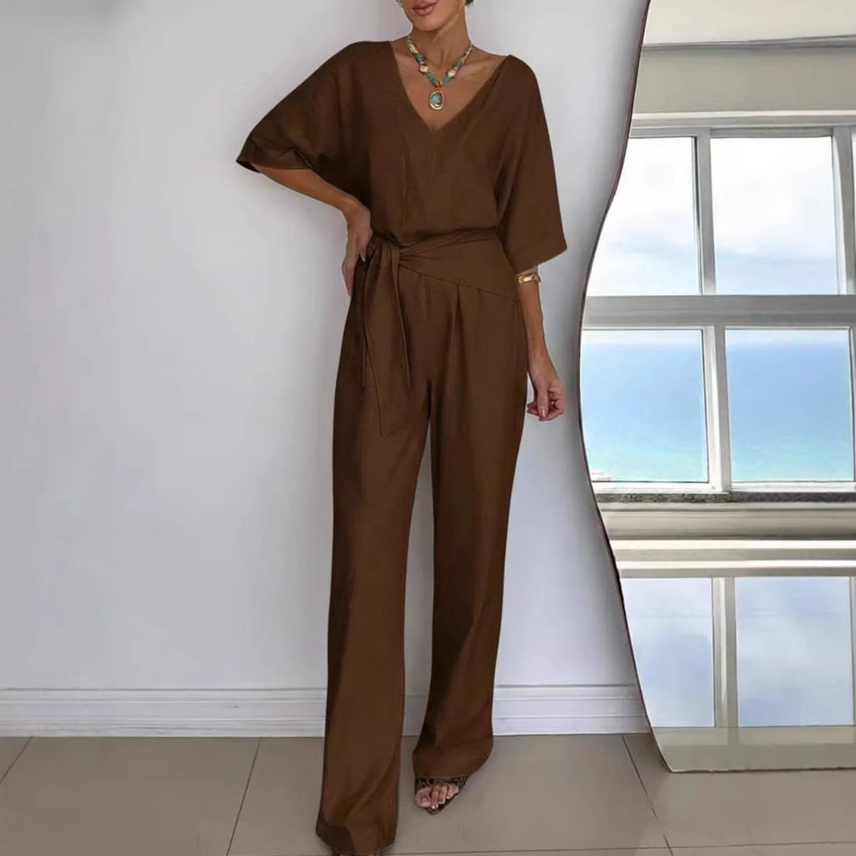 Chic V-Neck Belted Wide-Leg Jumpsuit