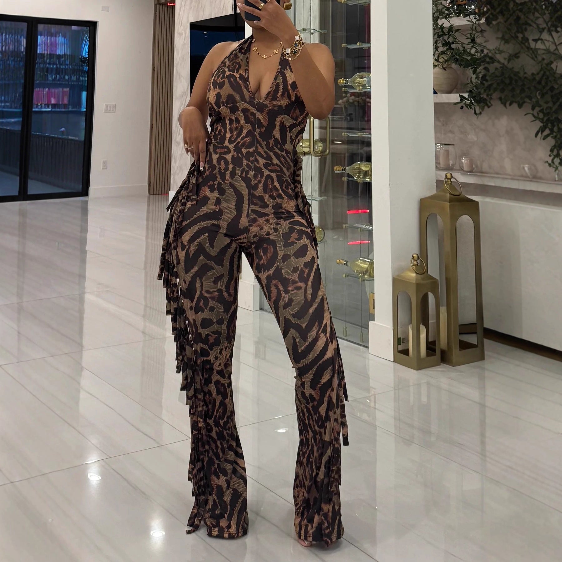 Backless Fringed Halter Leopard Flared Jumpsuit