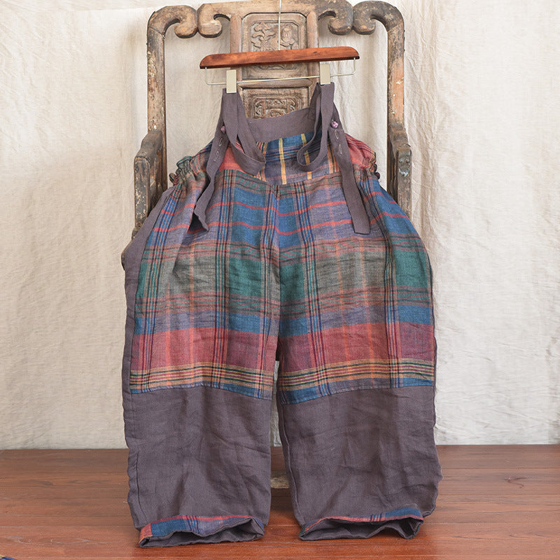 Chic Linen Patchwork Suspender Pants for Women