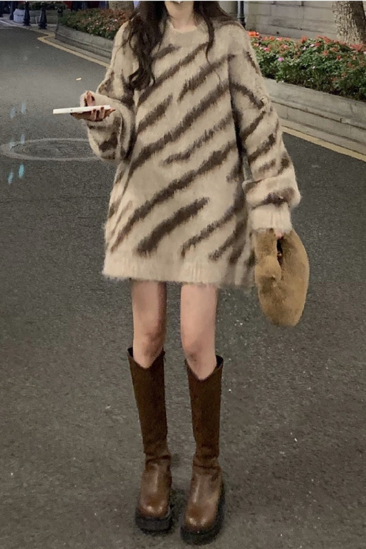 Loose Pullover Zebra Striped Sweater Round Neck Niche Women