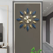 29" Large 3D Metal Leaf Wall Clock, Silent Quartz Movement, Golden & Blue Leaf Design, Handmade Country Garden Decor, Stylish and Creative Art for Indoor & Outdoor Use, Wall Clock Living Room