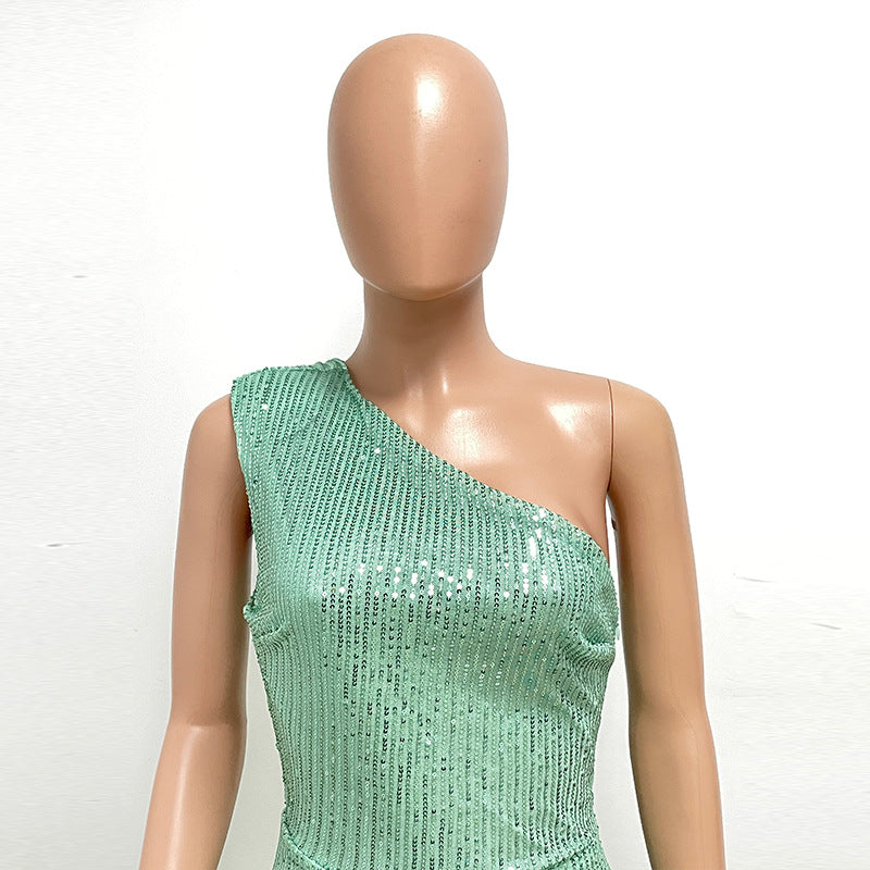Glamorous One-Shoulder Sequined Wide-Leg Jumpsuit