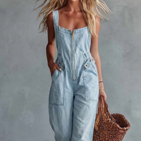 Retro Square Neck Denim Jumpsuit with Front Zipper