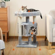 29 Inch Multi-level Indoor Cat Tree Tower With Sisal Scratching Posts, Plush Habitat & Gray Cat Bed - Sturdy Cat Apartment With Hanging Bed, Perches & Cushioned Platforms - Space-saving Cat Furniture