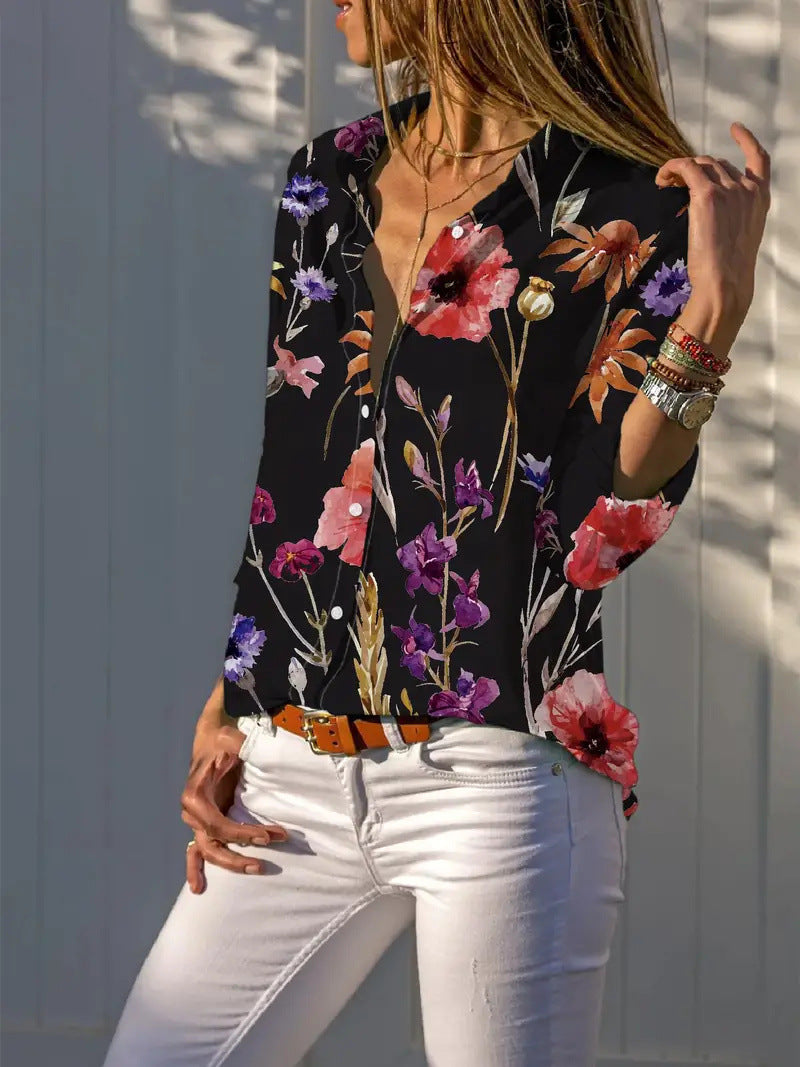 Chic Floral Long-Sleeve Casual Women's Blouse