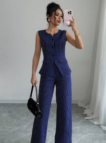 Casual Striped Front Button Sleeveless Jumpsuit