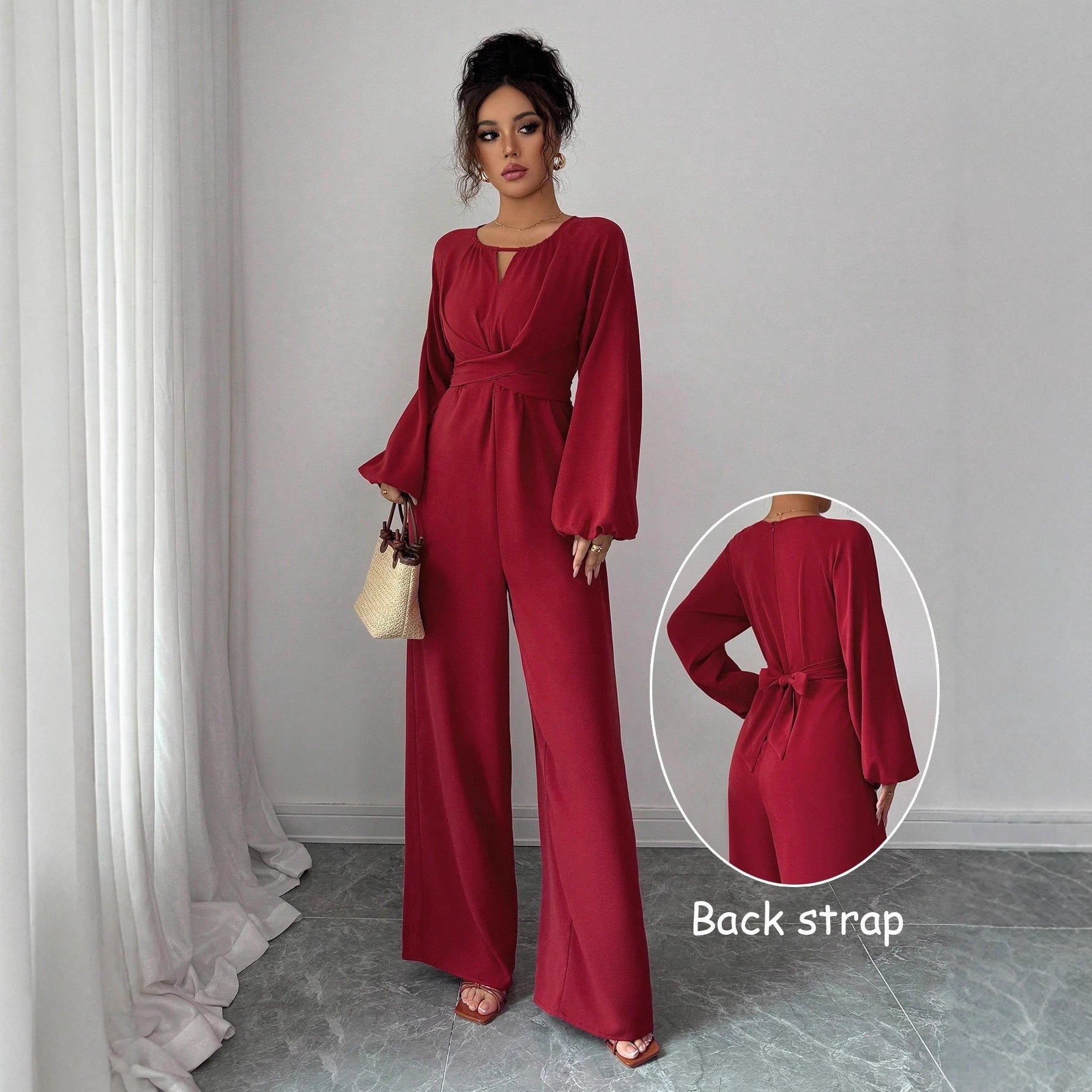 Elegant Square Neck Wide-Leg Jumpsuit with Puffed Sleeves