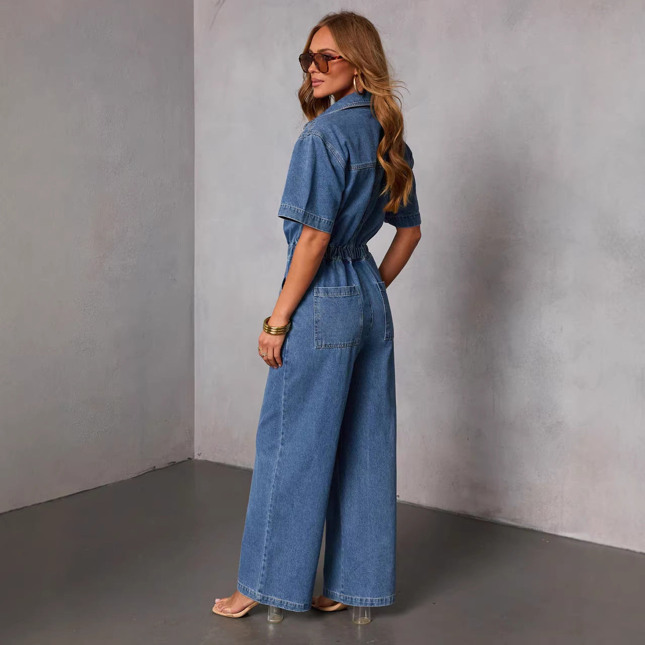 Casual Loose Straight-Leg Denim Jumpsuit