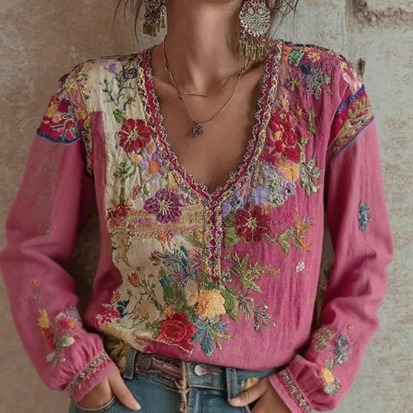 Artistic Printed Crew Neck Long-sleeve Blended Fabric T-shirt Blouse With Ethnic Style