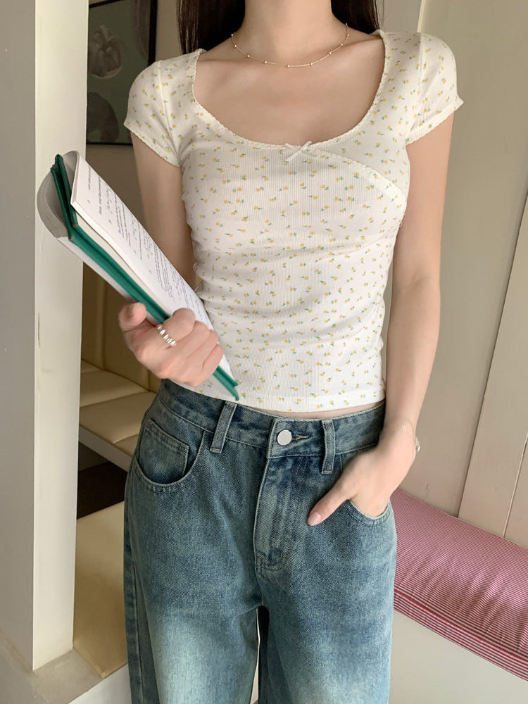 Floral Bow Short-Sleeve Scoop Neck Tee