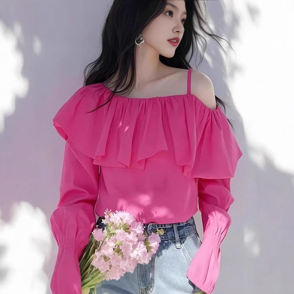 Ruffled Off‑Shoulder Long‑Sleeve Blouse – Elegant Rose Red