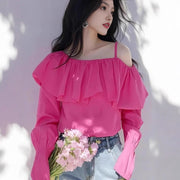 Ruffled Off‑Shoulder Long‑Sleeve Blouse – Elegant Rose Red