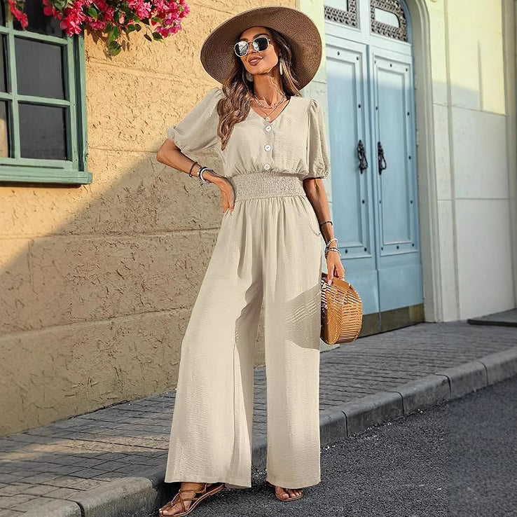 Chic Lapel Waist-Cinched Short-Sleeve Jumpsuit