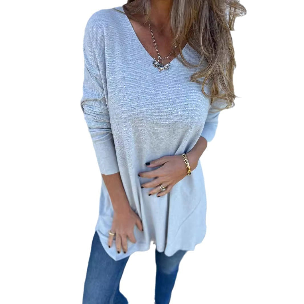Solid Color V-neck Knitted Sweater Loose Top Women's Clothing
