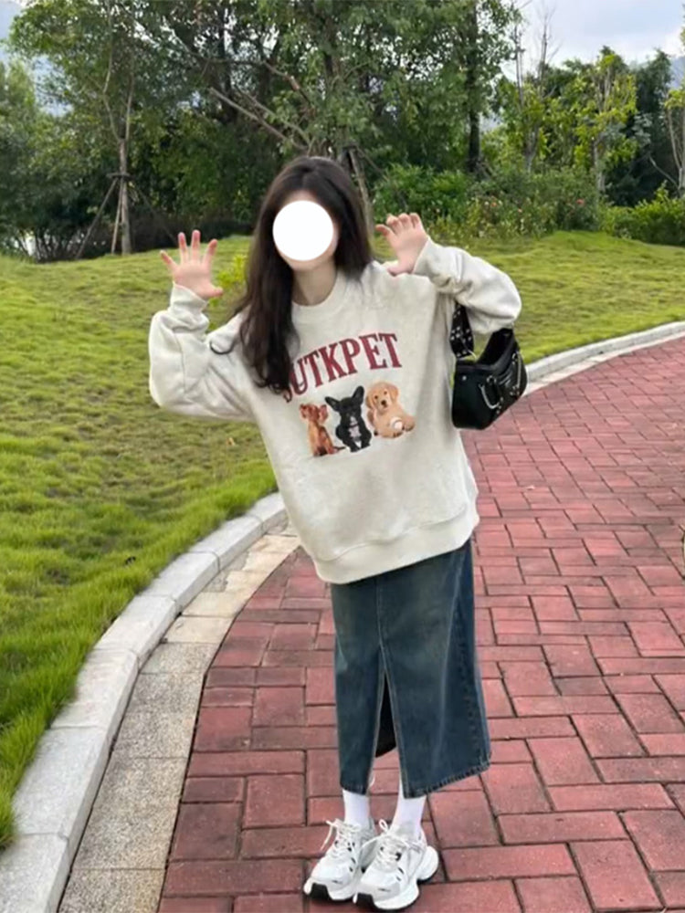 Retro Cartoon Puppy Gray Pullover Sweater