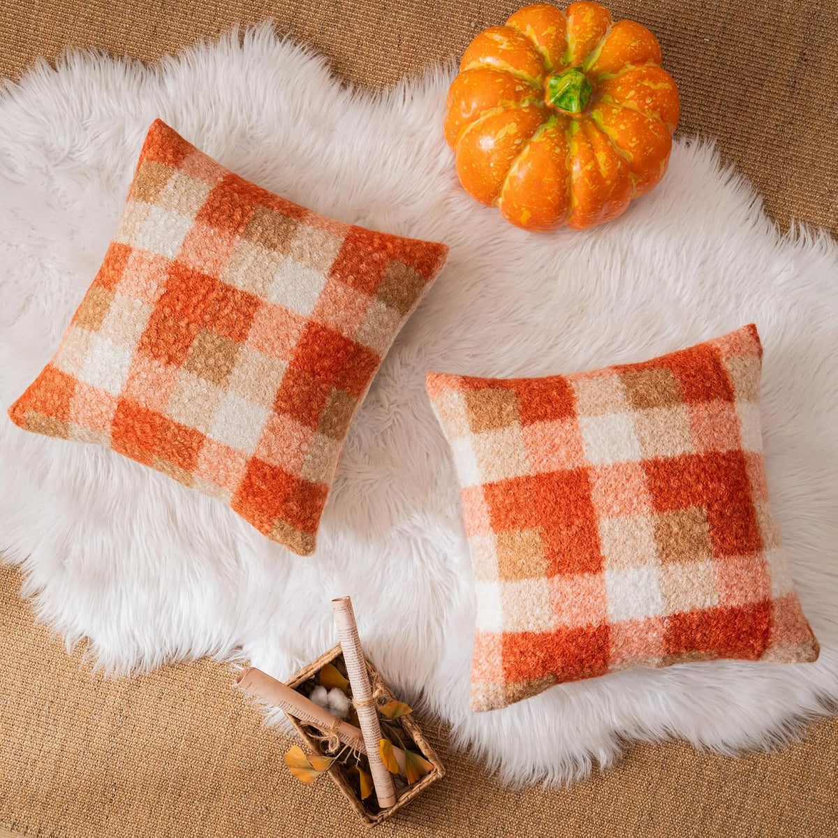 Plaid Fall Throw Pillow Covers 2 Pack, 20x20 Inch Orange Decorative Cushion Cases for Sofa, Couch, Bed and Autumn Decor