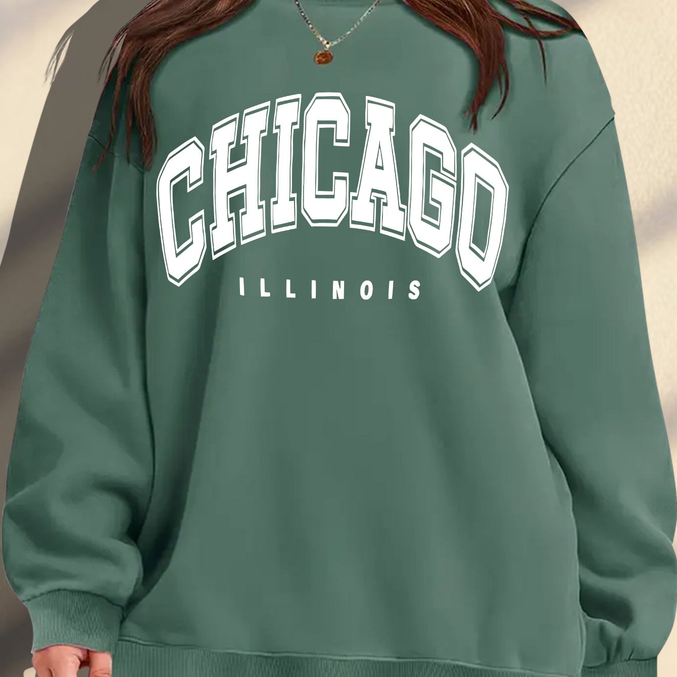 Women's Plus Size Soft Casual Long Sleeve Crew Neck Sweatshirt with American Campus Print
