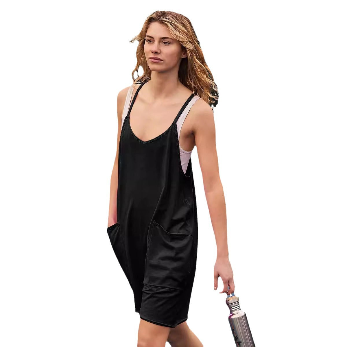 V Neck Casual Slip Dress With Zippered Pockets And Shorts