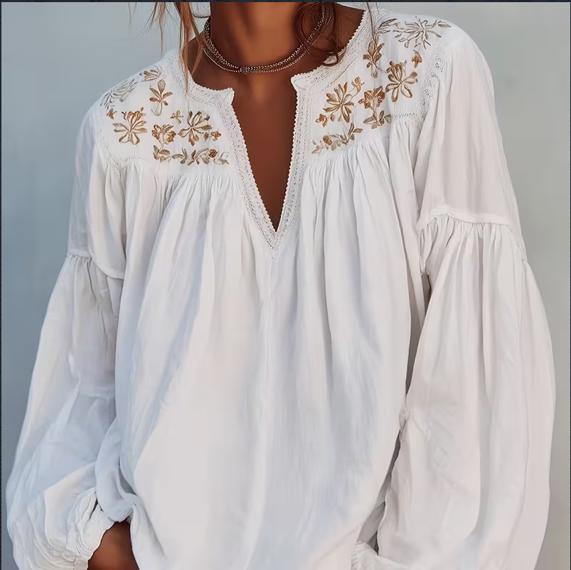 Boho V-Neck Puff Sleeve Top – Breathable Linen, Floral Embroidery