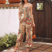 Ethnic Print High-Waisted Suspender Jumpsuit with Pockets